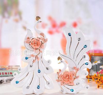 批發景德鎮陶瓷工藝品現代家居 裝飾品擺件 描金情侶孔雀